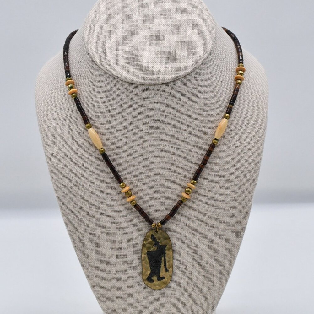 Vintage Kokopelli Native American Brown Pen Shell Brass Necklace 26 1/2"